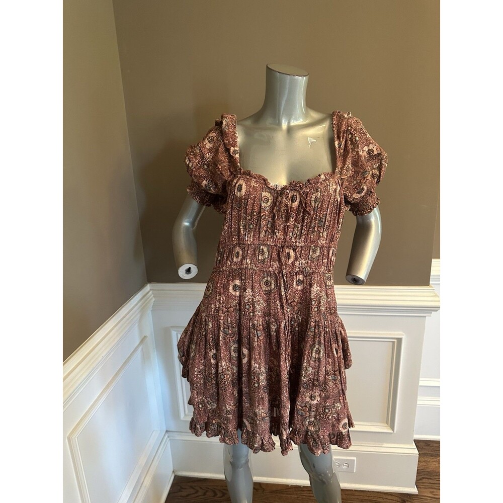 ULLA JOHNSON Floral Smocked Mini Rust Brown Dress Sz 2